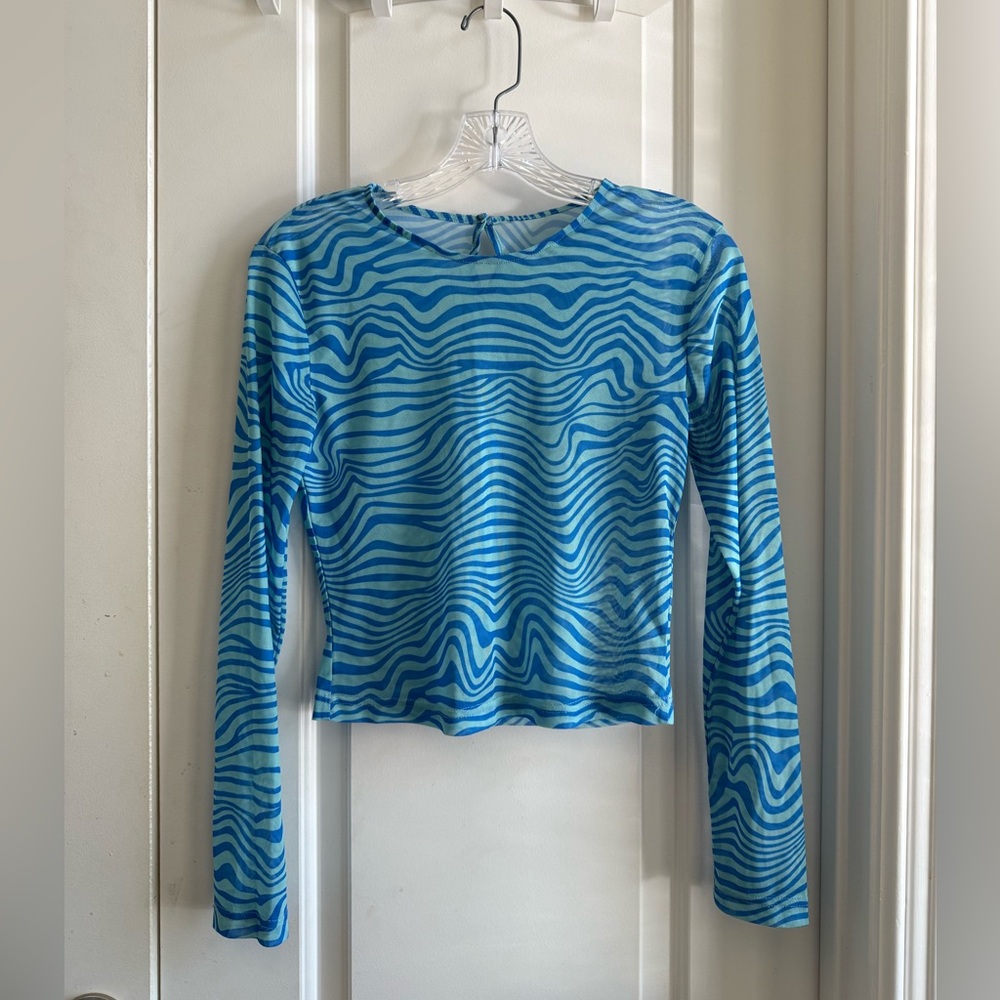 Blue Zebra Patterned Long-Sleeve Mesh Top